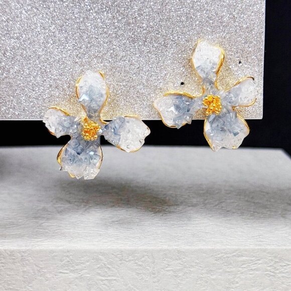 Floral Earrings, Flower Stud Earrings, Crystal Earrings, Gold Statement earrings - Picture 9 of 10